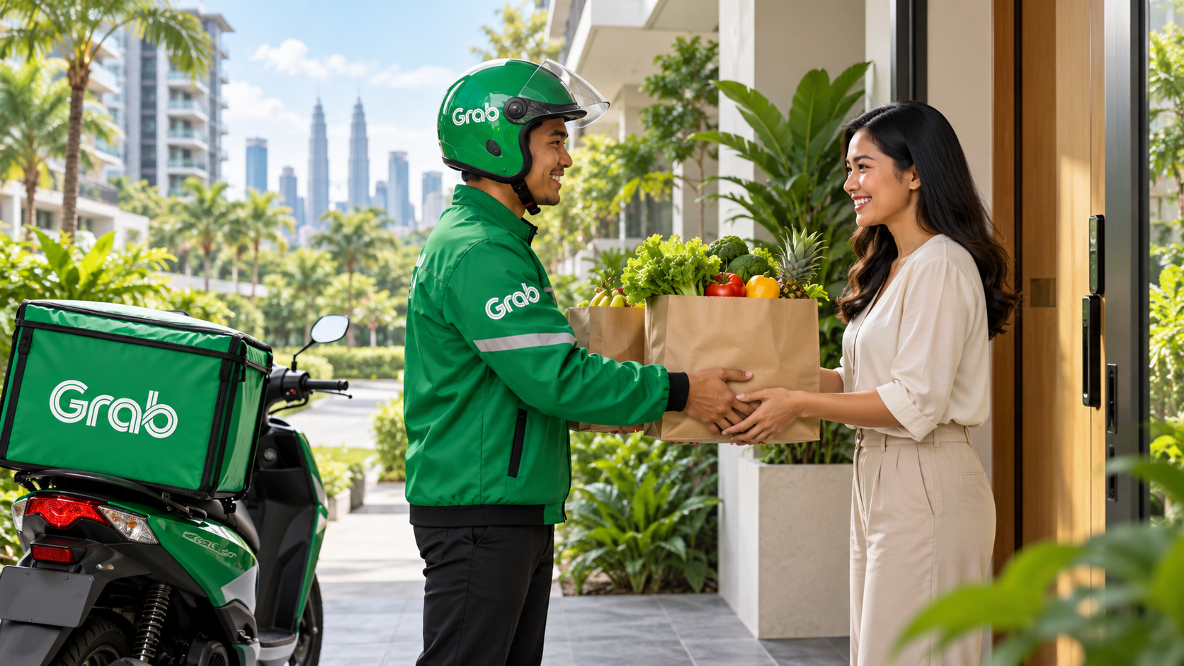 AI-generated illustration of a Grab rider delivering grocery bags to a customer at home.