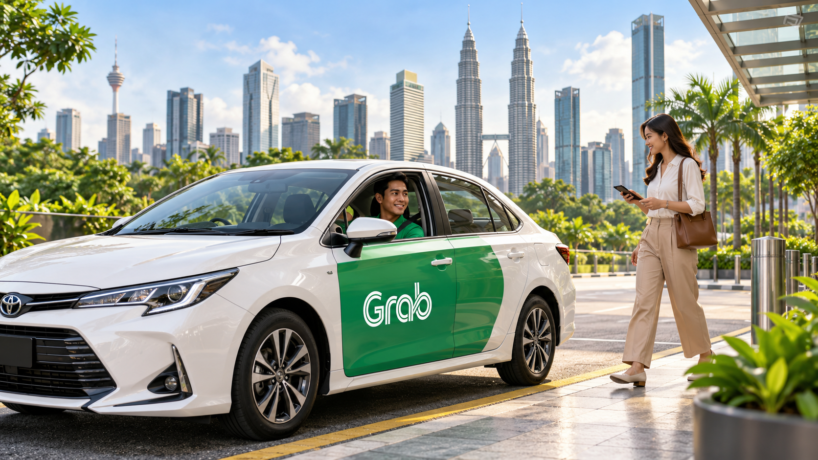 AI-generated illustration of a passenger approaching a Grab-branded car in Kuala Lumpur.