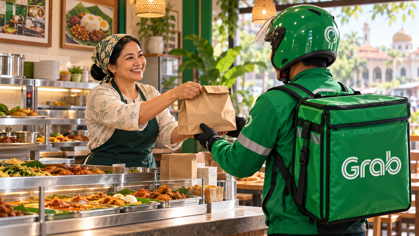 AI-generated illustration of a Malaysian restaurant owner handing a takeaway order to a Grab delivery rider.